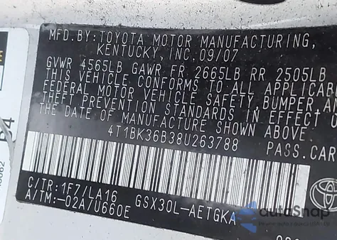 2008 Toyota Avalon Xls z USA, uszkodzony, nr VIN 4T1BK36B38U263788